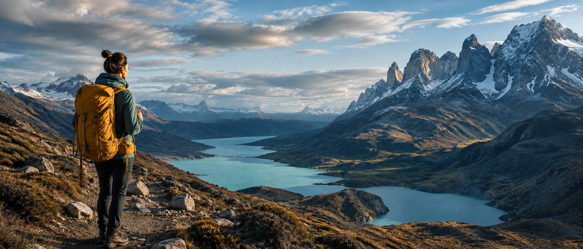 Viajera contemplando montañas y lagos al amanecer