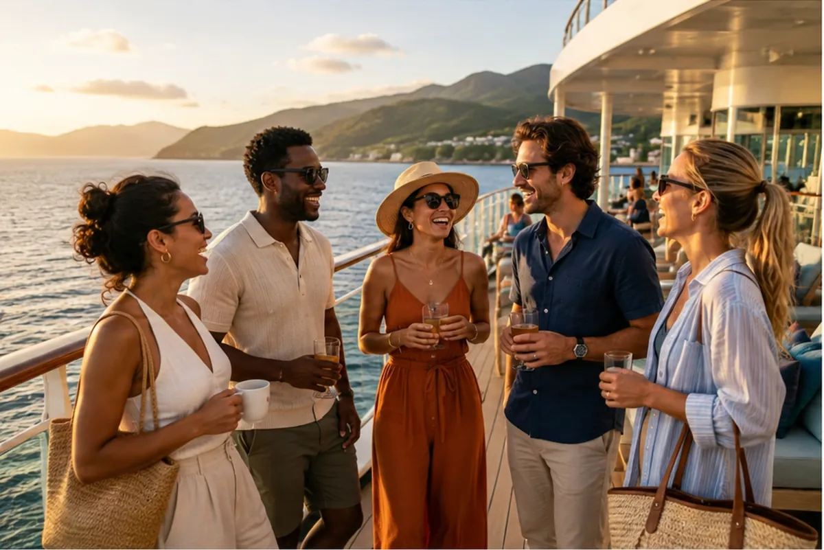 Viajeros conviviendo en la cubierta de un crucero al atardecer